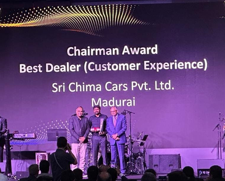 25 Sep, 2023 - Chima TATA Showroom from Madurai won the Prestigious Chairman Award for Best Dealer in National Level in Customer Experience. The Award was Presented at the All India TATA Passenger Cars Dealers Conference at Barcelona, Spain and it was handed over by TATA Group Chairman Mr. Chandrasekaran Sir & TATA Motors MD Mr. Shailesh Chandra